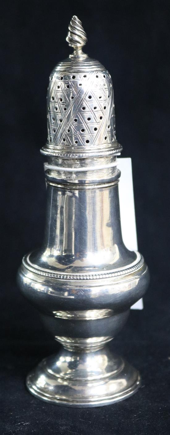 A late George II silver baluster sugar caster, Daniell & Mince, London, 1759, 13.9cm.